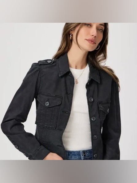 Paige Jacket Pacey Denim Washed Black Button-Front Stretch Utility